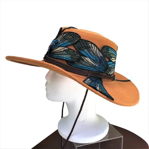 Dragonfly Hat Embellished Fedora Y2K Boho Whimsical Apricot Color NEW - Picture 5 of 7